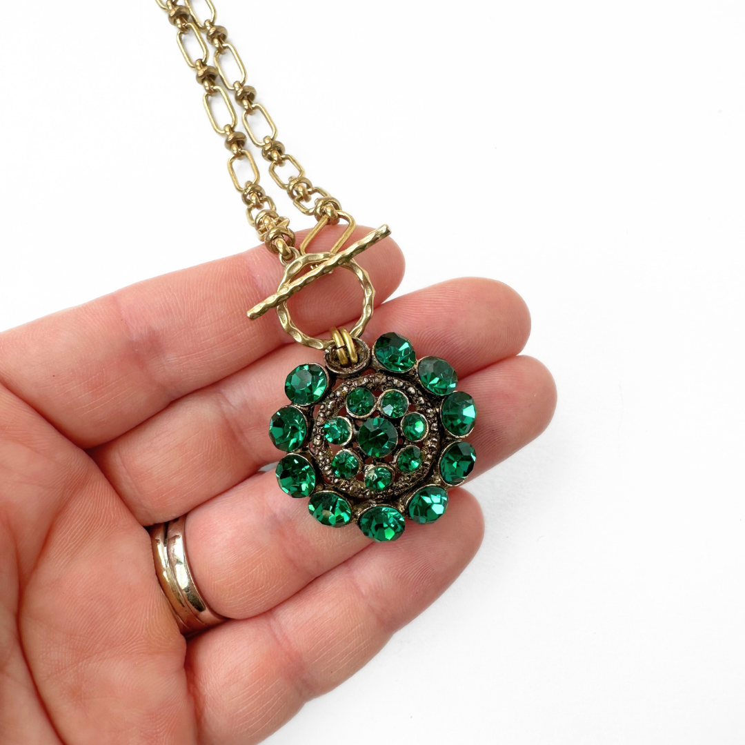 The Betsy - Vintage Emerald Green Rhinestone Pendant with Brass Chain and Toggle Clasp