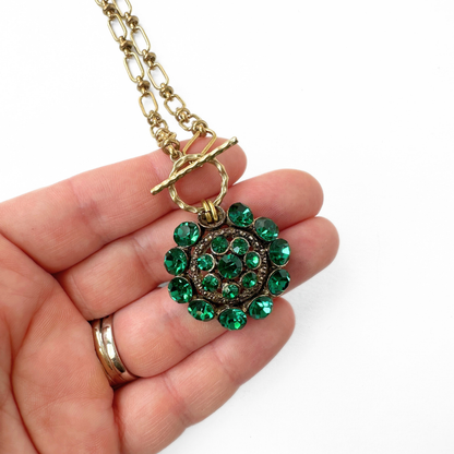 The Betsy - Vintage Emerald Green Rhinestone Pendant with Brass Chain and Toggle Clasp