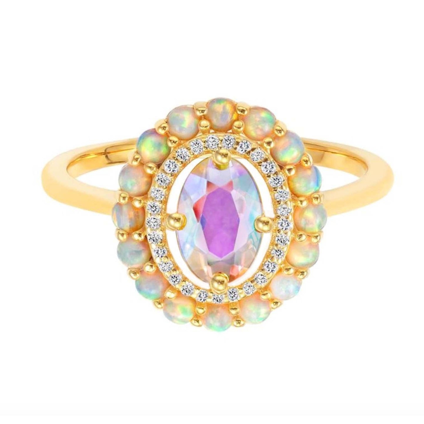 Oval Angel Aura Quartz & Simulated Opals 18kt Gold Vermeil Ring - Size 6