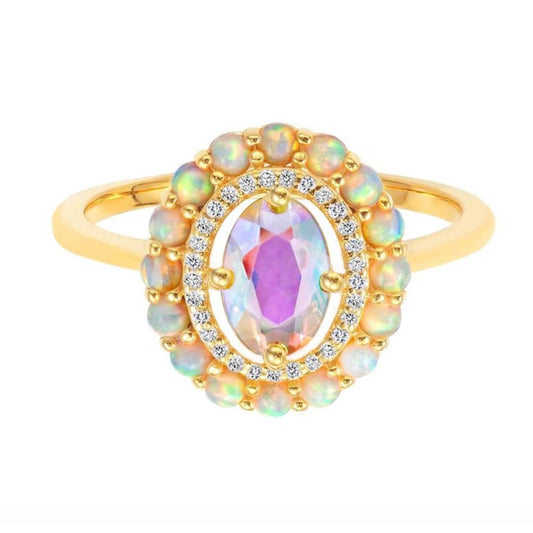 Oval Angel Aura Quartz & Simulated Opals 18kt Gold Vermeil Ring - Size 6