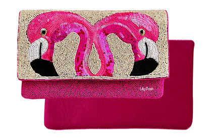 Flamingo Beaded & Sequined Crossbody Clutch