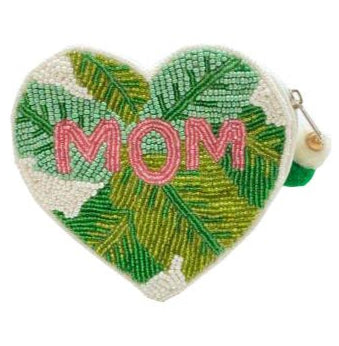 Mom Leaf Print Beaded Coin Purse