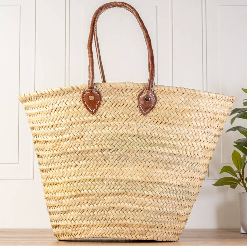 Handwoven Palm Market Basket with Moroccan Leather Handles