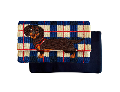 Dachshund Plaid Hand Beaded Crossbody Clutch Purse