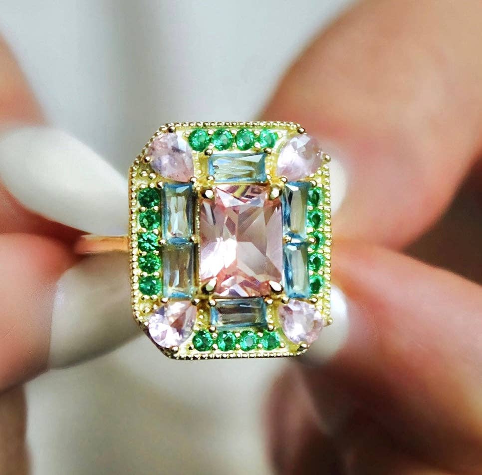 The Marlowe Ring - Morganite, Emerald & Aquamarine Cocktail Ring, Size 6