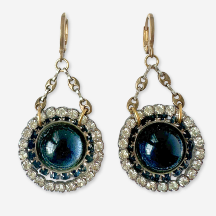 The Margot - Refashioned Vintage Navy Blue Glass and Clear Rhinestone Drop Earrings