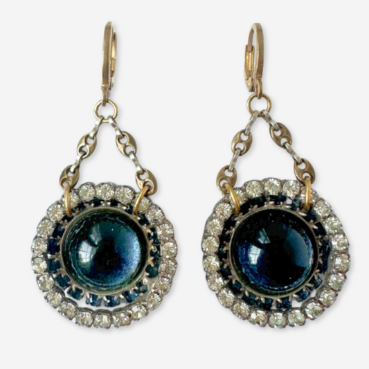 The Margot - Refashioned Vintage Navy Blue Glass and Clear Rhinestone Drop Earrings