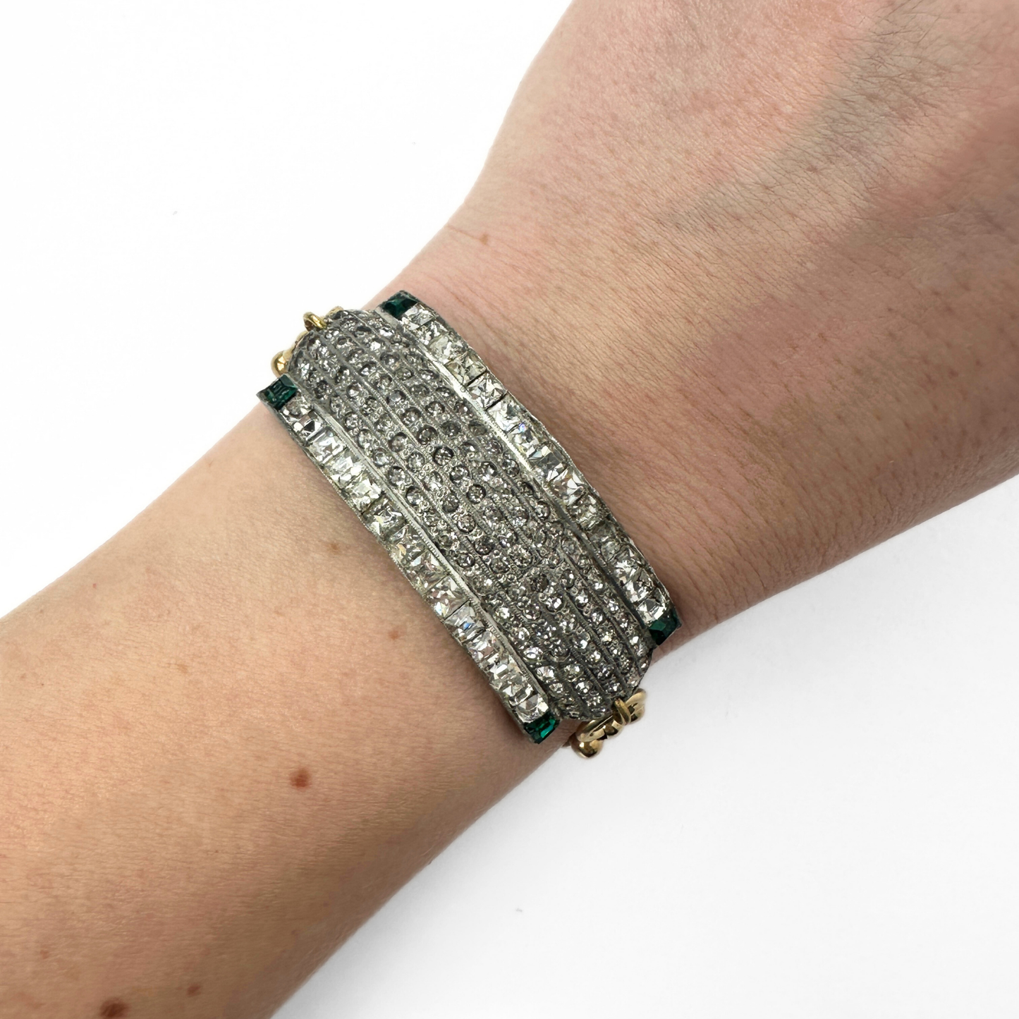 The Thelma - Refashioned Vintage Clear and Green Rhinestone Bar Bracelet