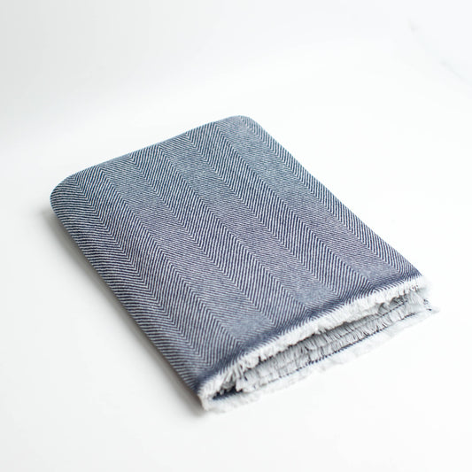 Dark Blue & White Herringbone Pattern Cashmere Throw Blanket