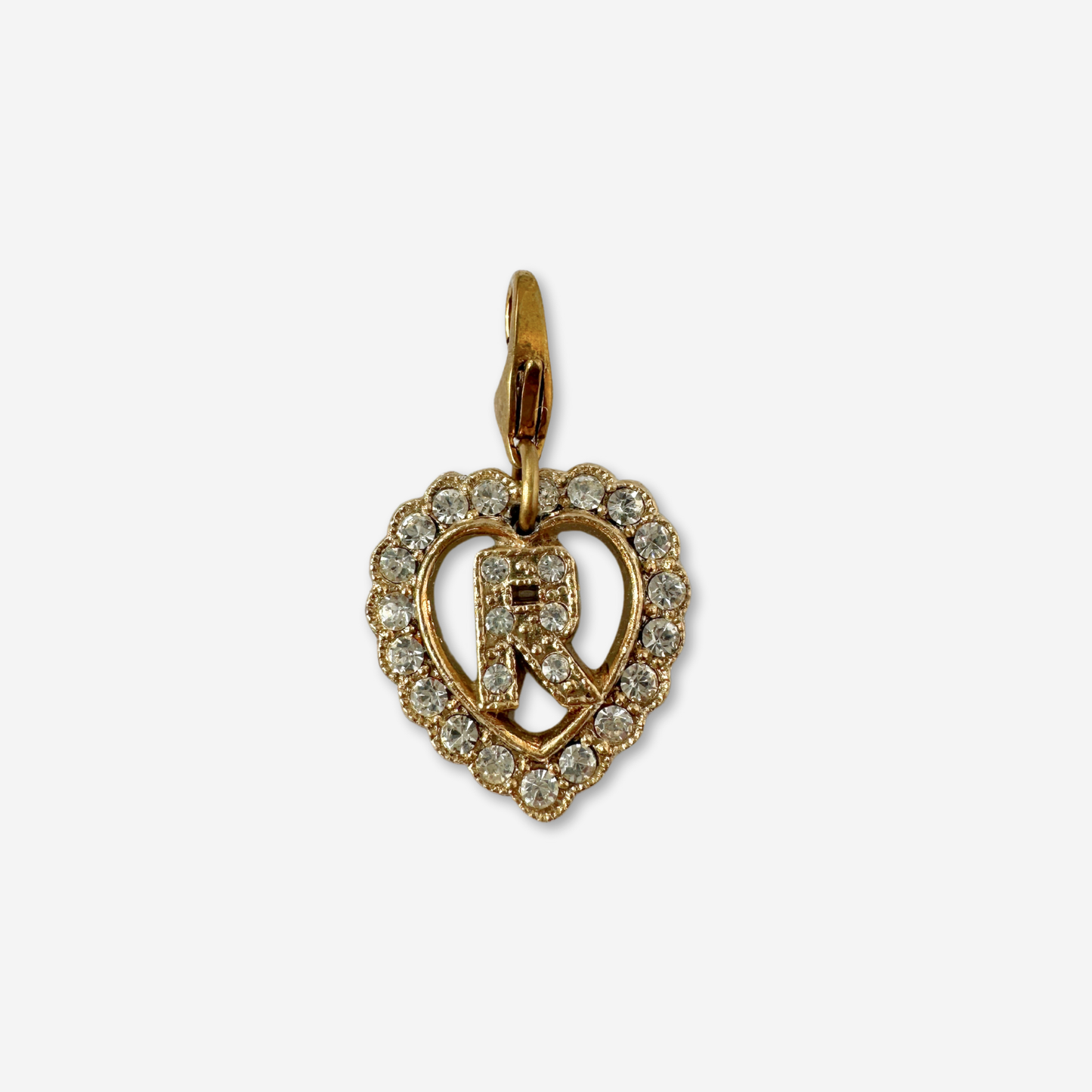 Letter "R" Smaller Refashioned Vintage Gold & Rhinestone Heart Charm