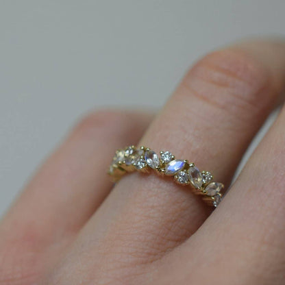 Rainbow Moonstone and Simulated Diamond 18kt Gold Vermeil Ring - Size 5