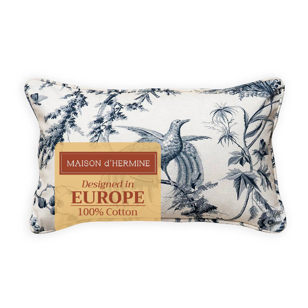 Birds of Paradise Navy Blue Decorative Lumbar Throw Pillow With Feather Insert