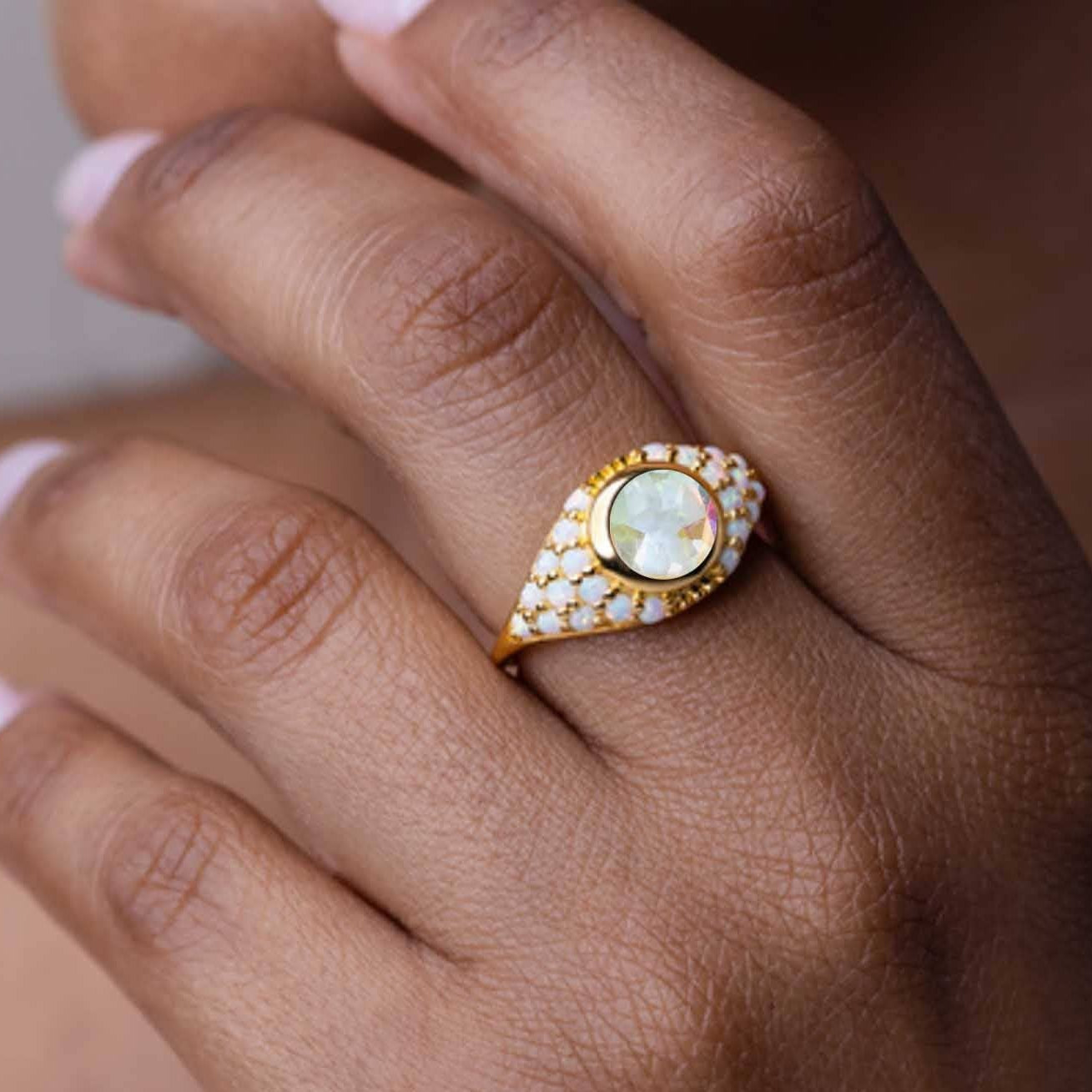 Round Angel Aura Quartz & Simulated Opals 18kt Gold Vermeil Ring - Size 6