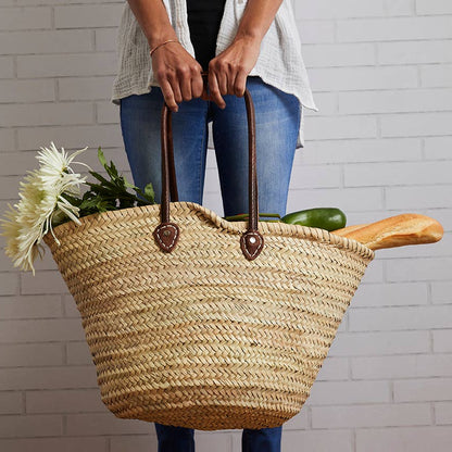 Handwoven Palm Market Basket with Moroccan Leather Handles