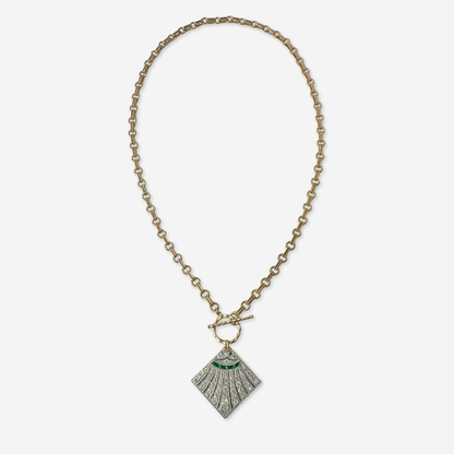 The Imogen - Vintage Clear and Emerald Rhinestone Art Deco Pendant with Brass Chain and Toggle
