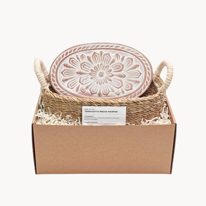 Handmade Bread Warmer & Wicker Basket - Floral Oval Pattern