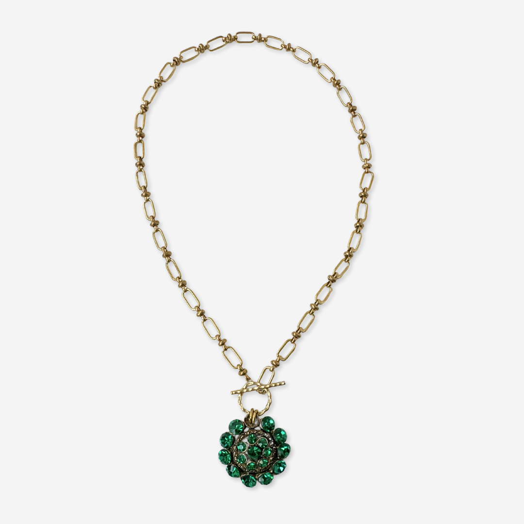 The Betsy - Vintage Emerald Green Rhinestone Pendant with Brass Chain and Toggle Clasp