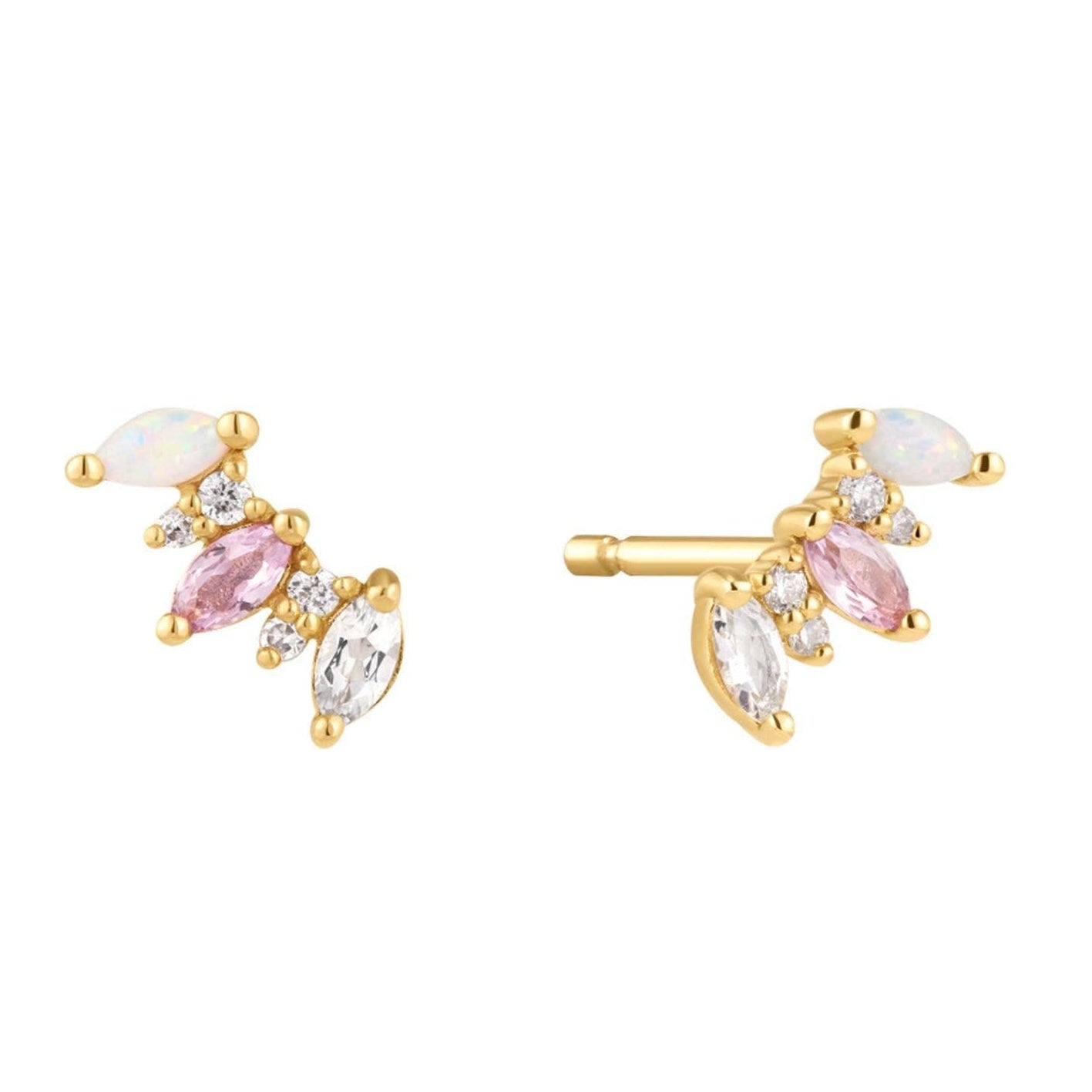 Australian Opal + Pink & White Topaz Solid 14kt Gold Earrings