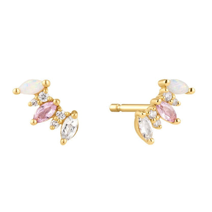 Australian Opal + Pink & White Topaz Solid 14kt Gold Earrings