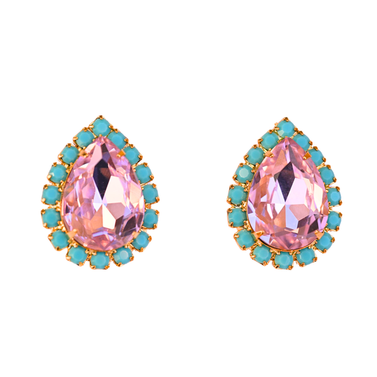 Pink & Turquoise Crystal Pear Stud Earrings