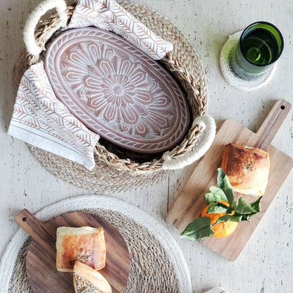 Handmade Bread Warmer & Wicker Basket - Floral Oval Pattern