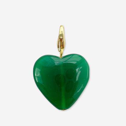 Vintage Green Puffy Heart Charm on Paperclip Oval Chain Necklace