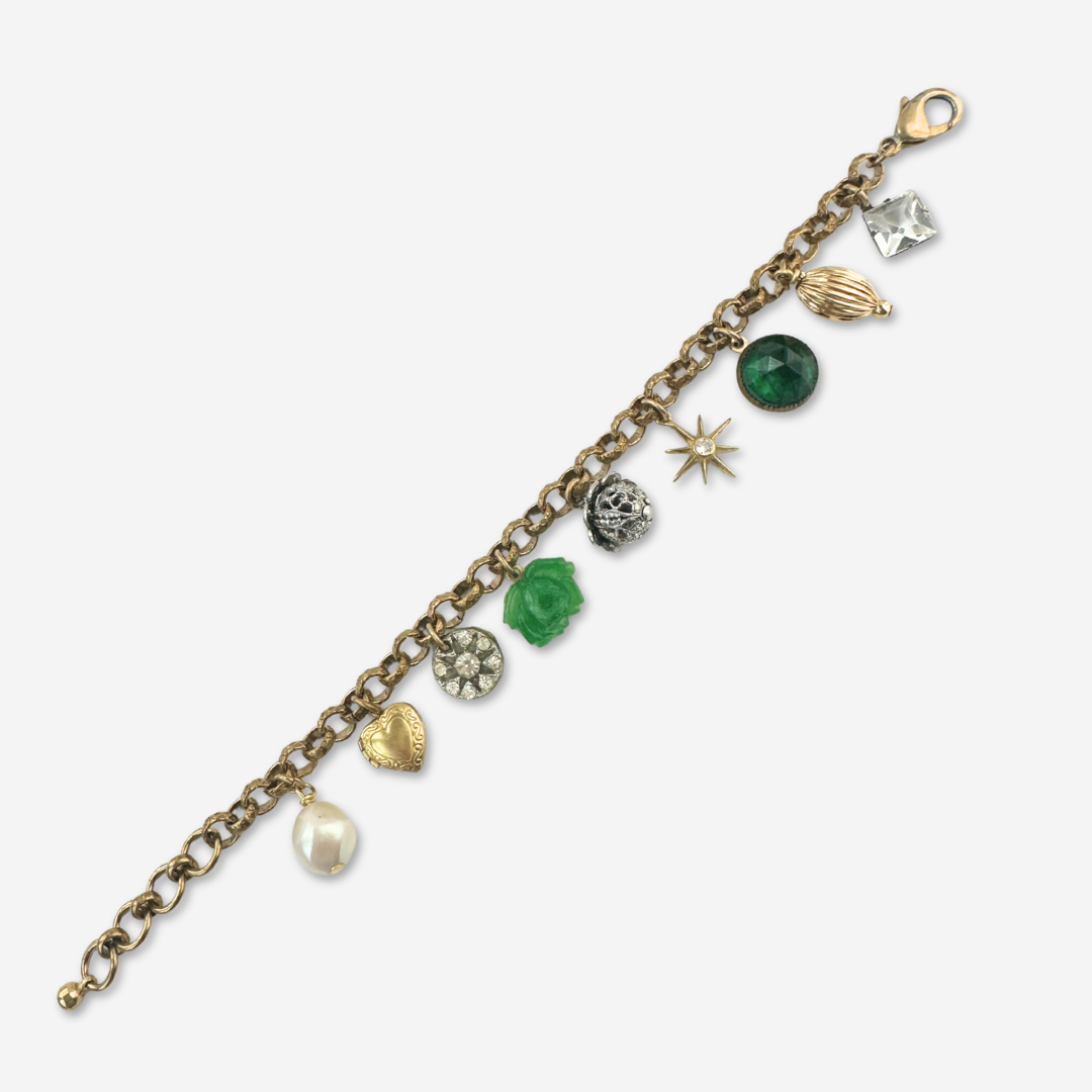 The Charlene - Repurposed Vintage Green & Gold Charm Bracelet