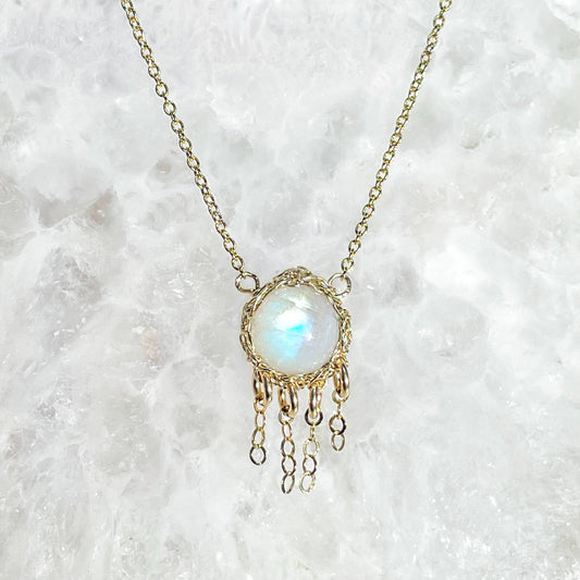 Moonstone Jellyfish Necklace – Hand-Crocheted in 14k Gold