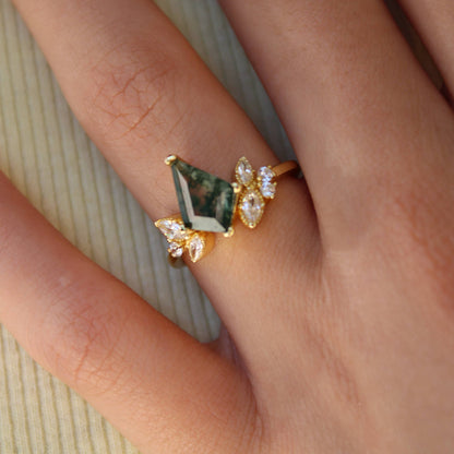 Moss Agate & White Topaz 14kt Gold Vermeil Ring - Size 8