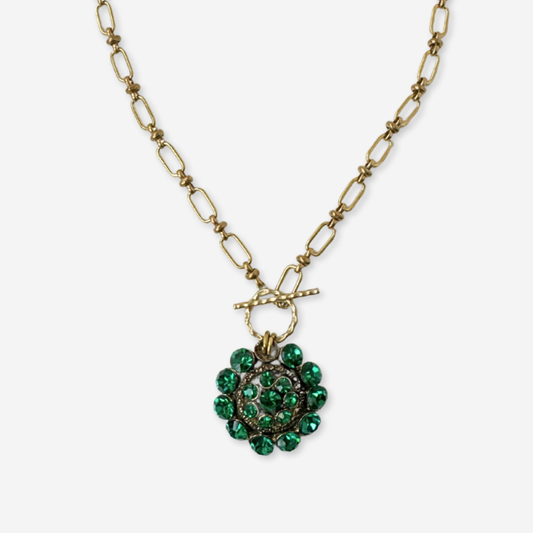 The Betsy - Vintage Emerald Green Rhinestone Pendant with Brass Chain and Toggle Clasp