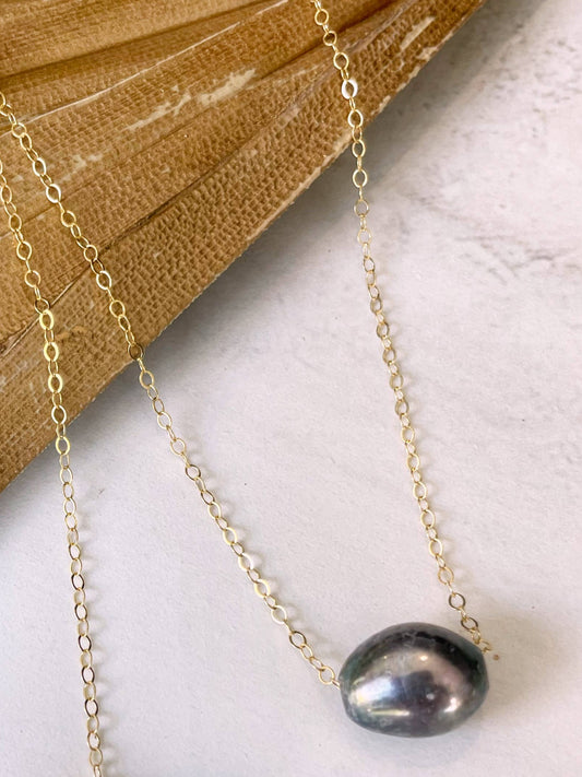 Peacock Gray Pearl Threader Necklace in 14kt Gold Fill