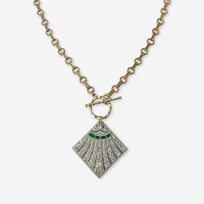 The Imogen - Vintage Clear and Emerald Rhinestone Art Deco Pendant with Brass Chain and Toggle