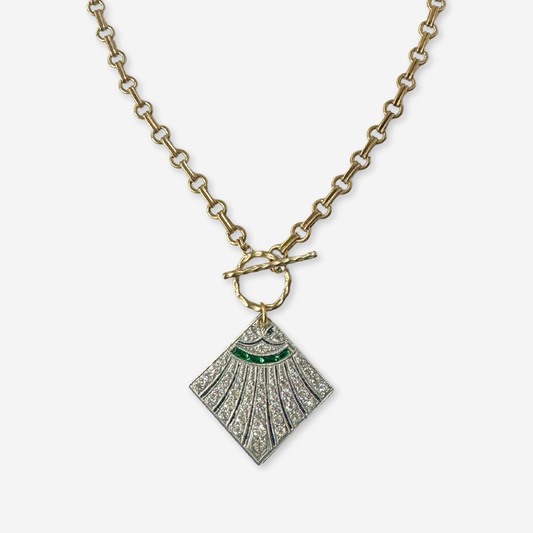 The Imogen - Vintage Clear and Emerald Rhinestone Art Deco Pendant with Brass Chain and Toggle