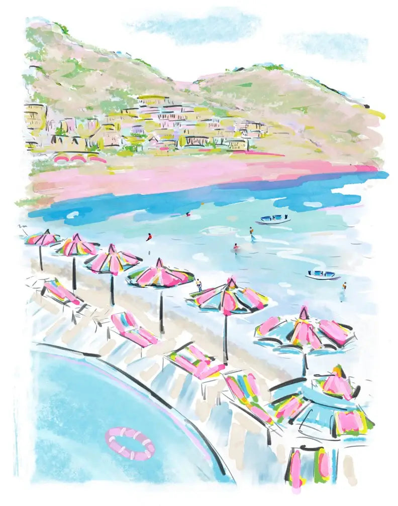 Amalfi Umbrellas Black Framed Art Print by Rebecca Meixner
