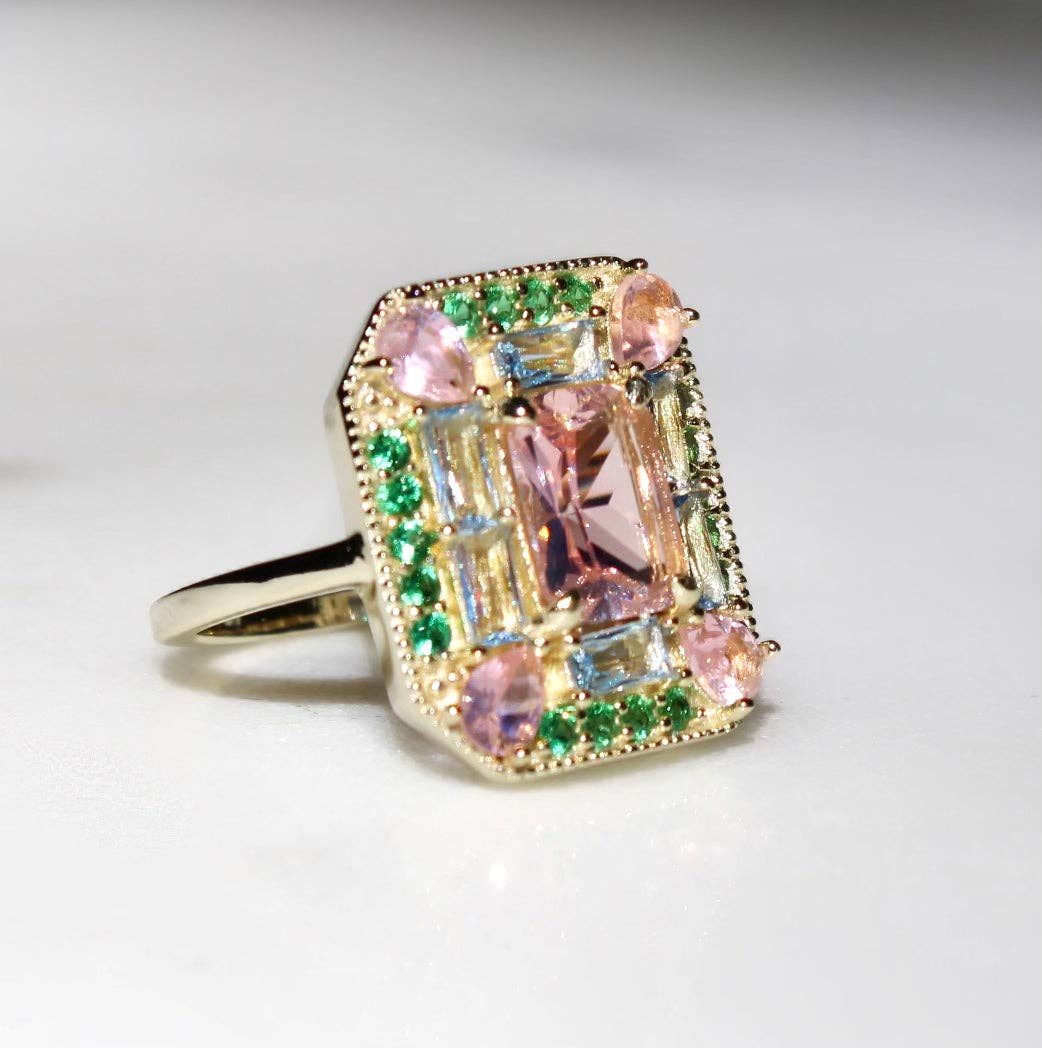 The Marlowe Ring - Morganite, Emerald & Aquamarine Cocktail Ring, Size 6