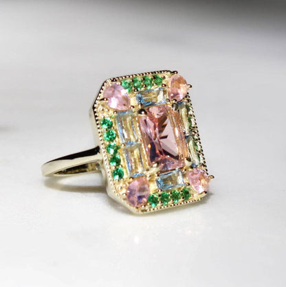 The Marlowe Ring - Morganite, Emerald & Aquamarine Cocktail Ring, Size 6
