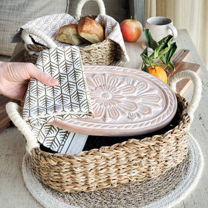 Handmade Bread Warmer & Wicker Basket - Floral Oval Pattern