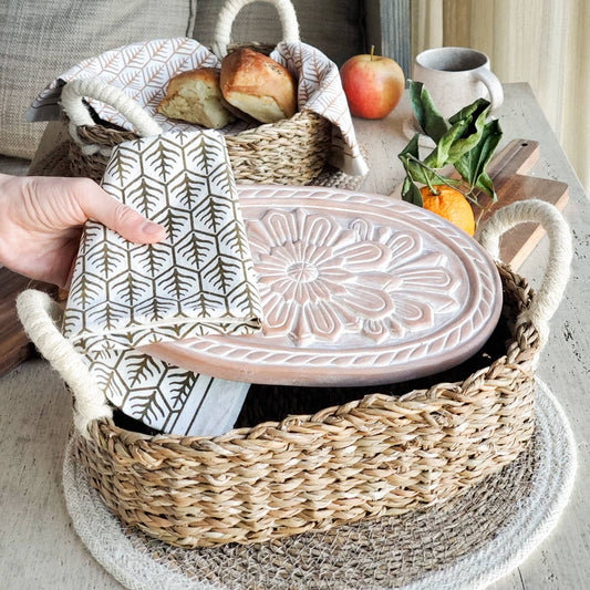 Handmade Bread Warmer & Wicker Basket - Floral Oval Pattern