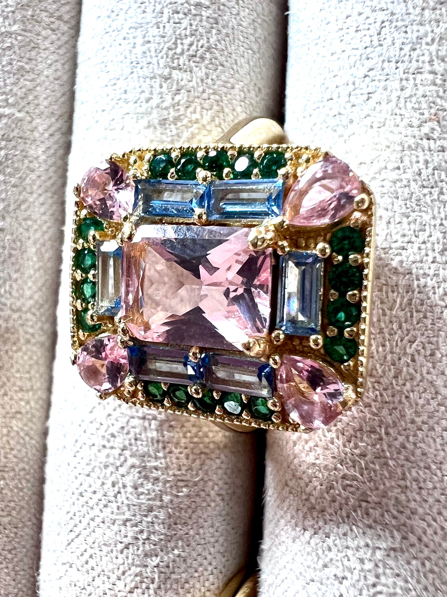 The Marlowe Ring - Morganite, Emerald & Aquamarine Cocktail Ring, Size 5