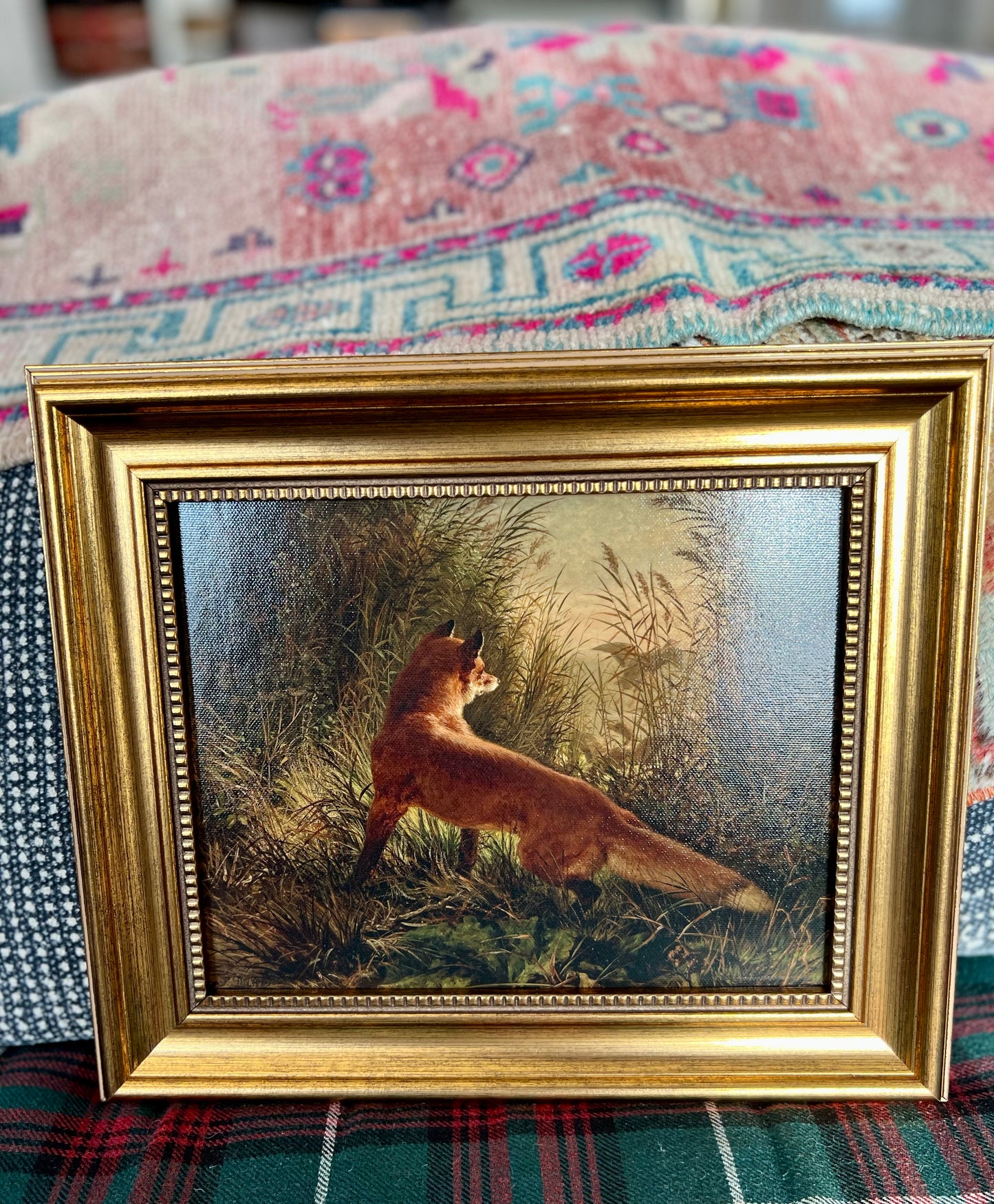 Fox Flushing Ducks - Reproduction Canvas in Antiqued Gold Resin Frame