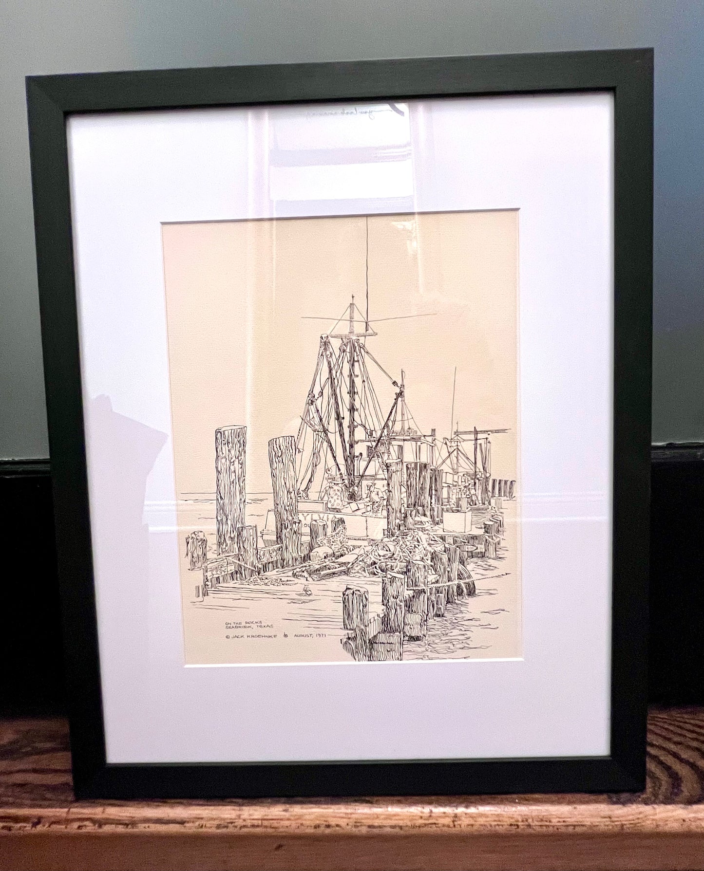 "On the Docks, Seabrook, Texas" - Reframed Original Signed Ink Drawing by Artist Jack Kroehnke circa August 1971