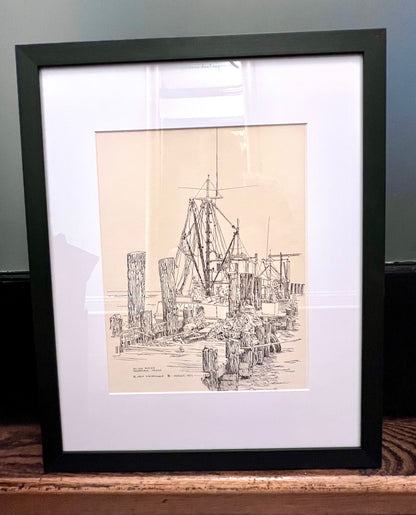 "On the Docks, Seabrook, Texas" - Reframed Original Signed Ink Drawing by Artist Jack Kroehnke circa August 1971