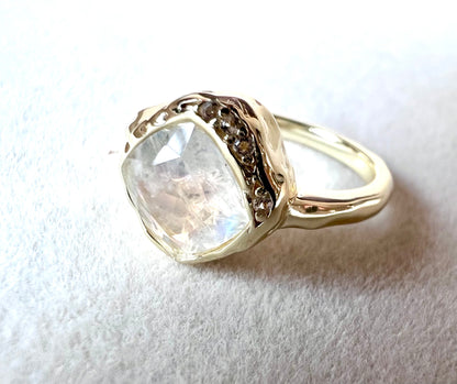 Rainbow Moonstone & White Topaz 14kt Gold Vermeil Ring - Size 5