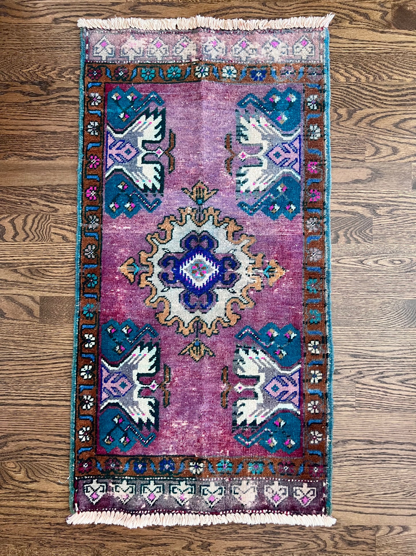Turquoise & Plum Medallion Vintage Turkish Oushak Rug