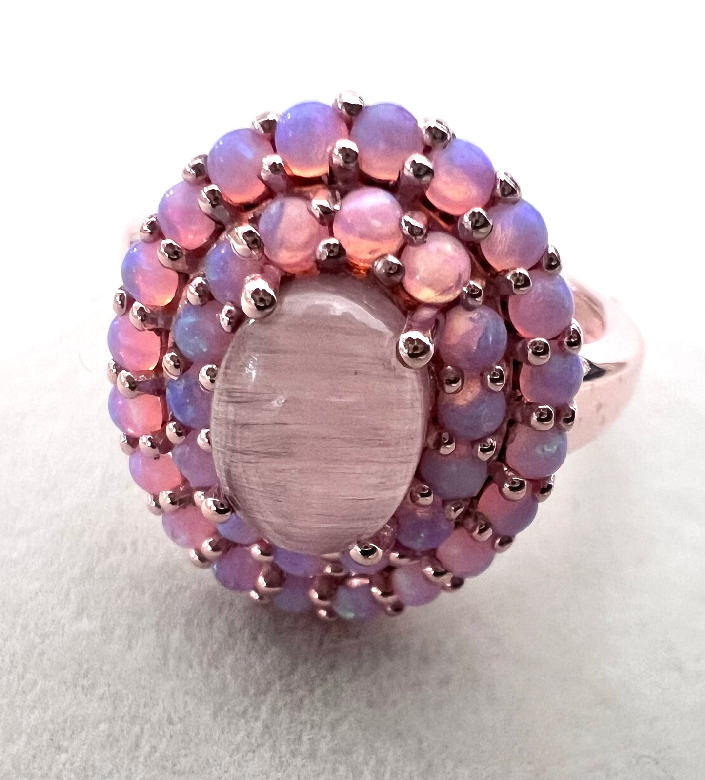 Cats Eye Moonstone & Pink Lab Opals 14kt Rose Gold Vermeil Ring - Size 7