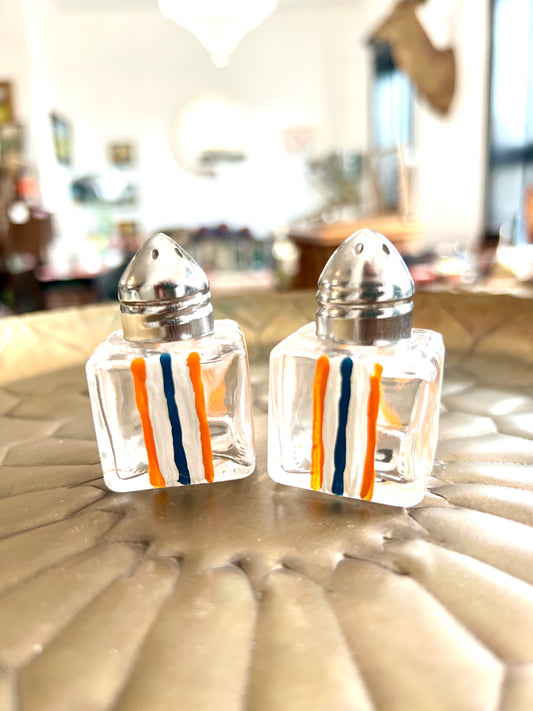 Orange & Blue Vertical Stripes Small Hand-painted Salt & Pepper Shaker Set by Carol Moore