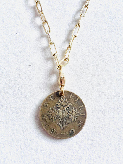 1961 Austrian Edelweiss Schilling Coin 14kt Gold Vermeil Paper Clip Necklace