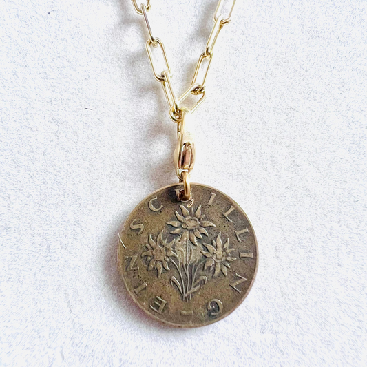 1961 Austrian Edelweiss Schilling Coin 14kt Gold Vermeil Paper Clip Necklace