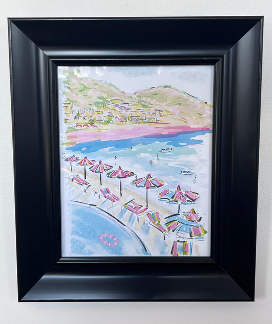 Amalfi Umbrellas Black Framed Art Print by Rebecca Meixner