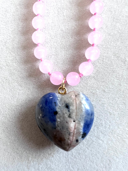 Lapis Lazuli Heart & Pink Jade Beads Necklace
